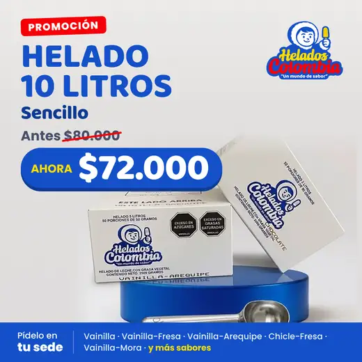 Promoción Helado 10 litros sencillo: antes $80.000, ahora $72.000