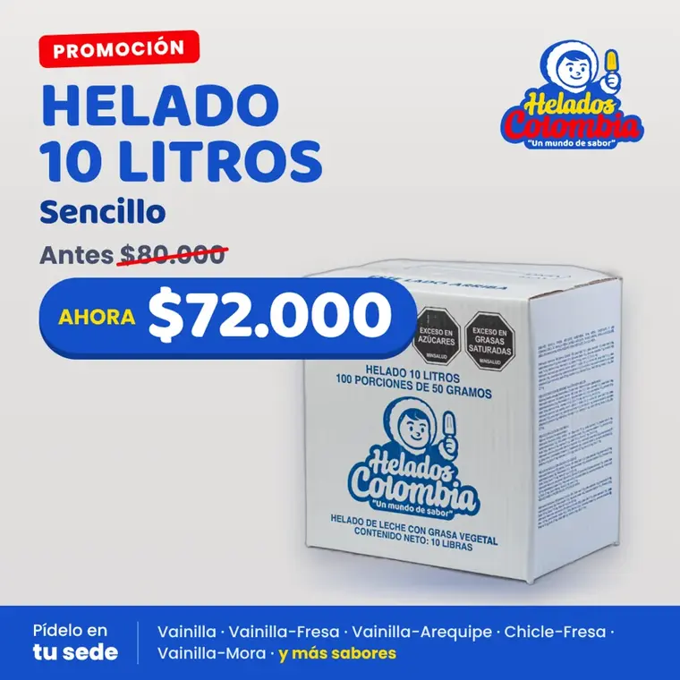 Promoción Helado 10 litros sencillo: antes $80.000, ahora $72.000